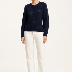 Women's Navy Pointelle Cardigan worn with an adult model