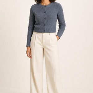 Women's Slate Tonal Texture Cropped Cardigan worn with an adult model