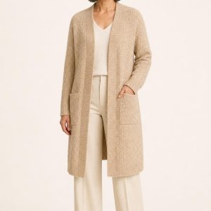 Women's Sand Tonal Texture Longline Cardigan worn with an adult model