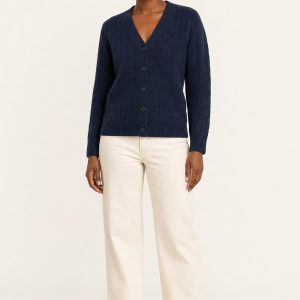 Women's Navy Tonal Texture V-Neck Cardigan worn with an adult model
