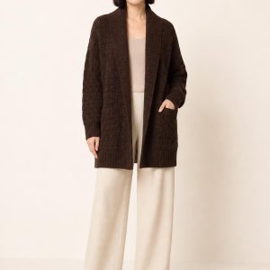 Women's Chocolate Tonal Texture Shawl Cardigan worn with an adult model