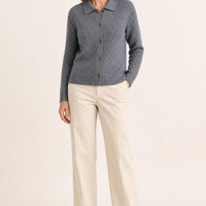 Women's Slate Tonal Texture Collar Cardigan worn with an adult model