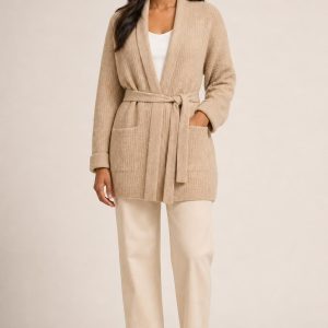 Women's Sand Tonal Texture Belted Cardigan worn with an adult model