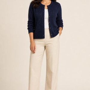 Women's Navy Tonal Texture Pointelle Cardigan worn with an adult model