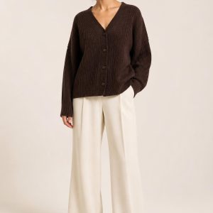 Women's Chocolate Tonal Texture Rib Cardigan worn with an adult model
