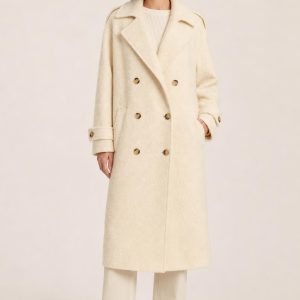 Women's Ivory Trench Coat worn with an adult model