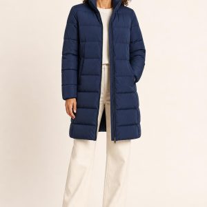 Women's Indigo Puffer Coat worn with an adult model