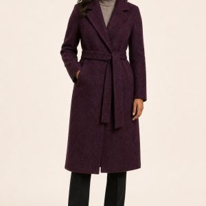 Women's Plum Tonal Texture Wrap Coat worn with an adult model