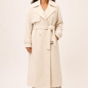 Women's Ivory Tonal Texture Trench Coat worn with an adult model