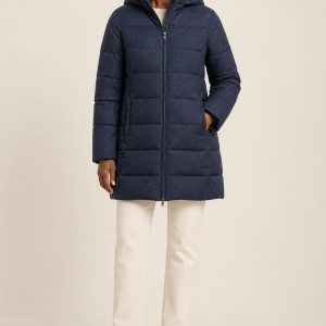Women's Indigo Tonal Texture Puffer Coat worn with an adult model