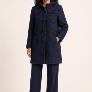 Women's Indigo Tonal Texture Duffle Coat worn with an adult model
