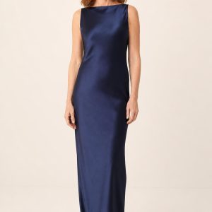 Midnight Satin Column Maxi Dress worn by an adult model