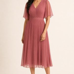 Rose Pleated Chiffon Midi Dress worn by an adult model