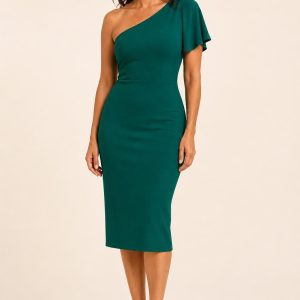 Emerald One-Shoulder Crepe Dress worn by an adult model