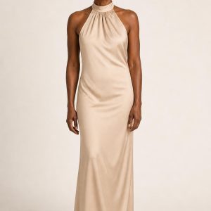 Champagne Draped Halter Gown worn by an adult model