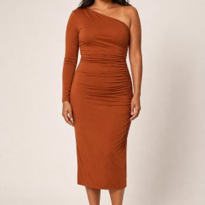 Copper Ruched Jersey Midi Dress worn by an adult model