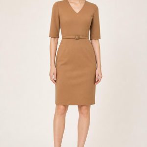 Camel Belted Ponte Sheath Dress worn by an adult model