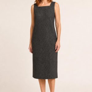 Charcoal Herringbone Pinafore Dress worn by an adult model