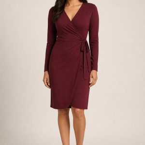 Burgundy Long-Sleeve Wrap Dress worn by an adult model