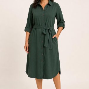 Forest Green Tie-Waist Shirt Dress worn by an adult model