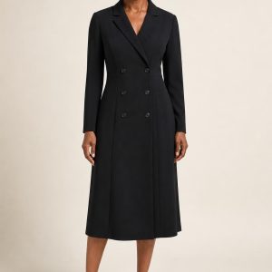 Black Notched-Collar Midi Dress worn by an adult model