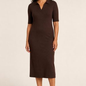 Chocolate Knit Polo Dress worn by an adult model