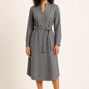 Slate Flannel Belted Dress worn by an adult model