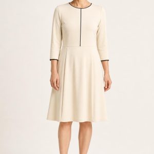 Cream Contrast-Trim Day Dress worn by an adult model
