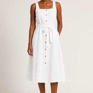 White Linen Button-Front Midi Dress worn by an adult model