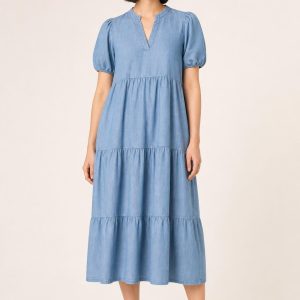 Chambray Tiered Midi Dress worn by an adult model