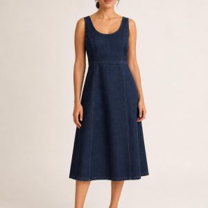 Indigo Denim Midi Dress worn by an adult model