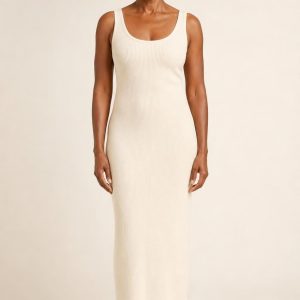 Ecru Ribbed Tank Dress worn by an adult model