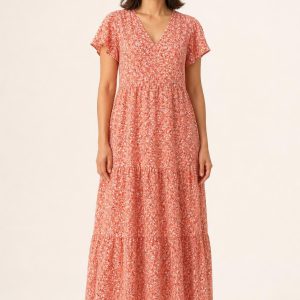 Coral Abstract-Print Cotton Maxi Dress worn by an adult model