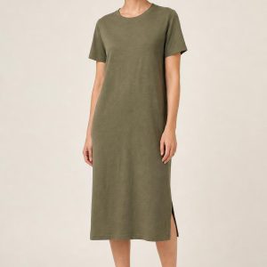 Olive Linen-Blend T-Shirt Dress worn by an adult model