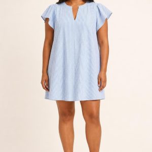 Sky Blue Seersucker Mini Dress worn by an adult model