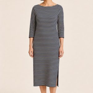 Navy Striped Jersey Midi Dress worn by an adult model