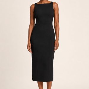 Black Sculpted Ponte Midi Dress worn by an adult model
