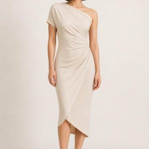 Stone Asymmetric Knit Dress worn by an adult model