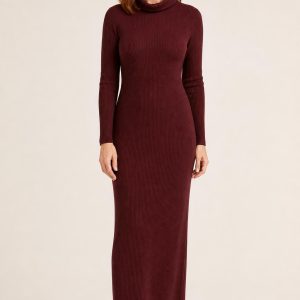 Oxblood Funnel-Neck Maxi Dress worn by an adult model