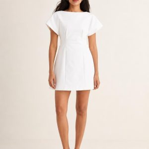 Optic White Architectural Mini Dress worn by an adult model
