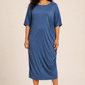 Steel Blue Draped Jersey Dress worn by an adult model
