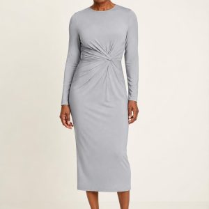 Silver Gray Twist-Front Midi Dress worn by an adult model