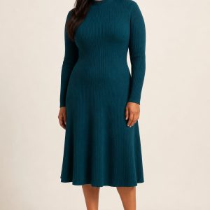 Deep Teal Mock-Neck Knit Dress worn by an adult model