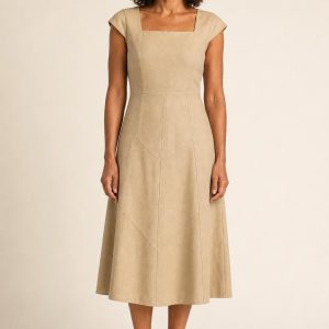 Sand Paneled A-Line Dress worn by an adult model