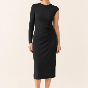 Black Side-Gathered Midi Dress worn by an adult model