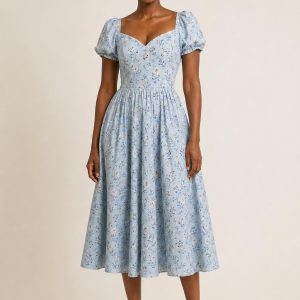 Powder Blue Floral Tea Dress worn by an adult model