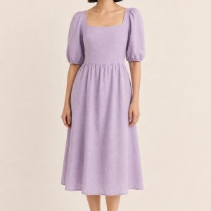 Lilac Puff-Sleeve Midi Dress worn by an adult model