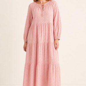 Blush Eyelet Prairie Dress worn by an adult model