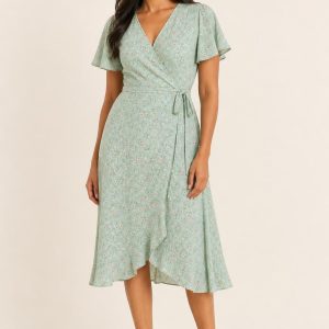 Mint Ditsy Floral Wrap Dress worn by an adult model
