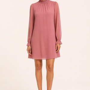 Dusty Rose Ruffle-Neck Mini Dress worn by an adult model